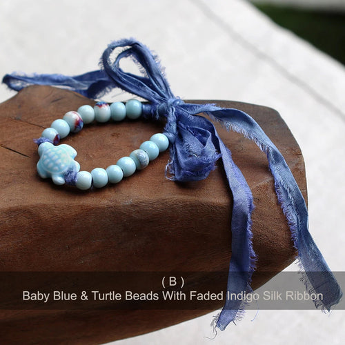 Isla PH Baby Blue & Turtle Beads With Faded Indigo Silk Ribbon - KS Boardriders Surf Shop